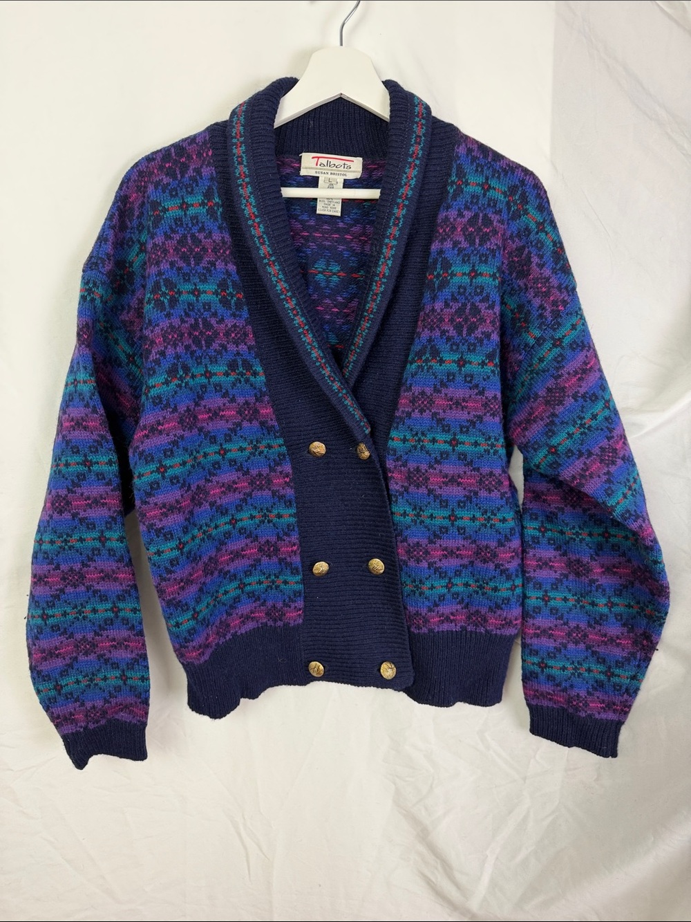 Vintage Talbots wool fair isle shawl collar cardigan sweater with gold buttons